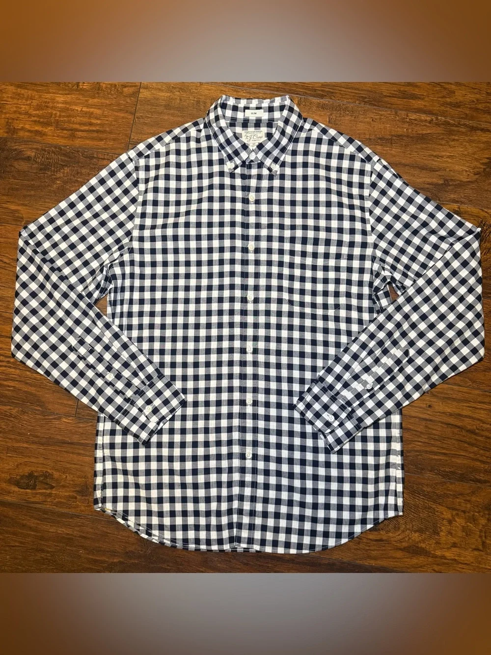 J.Crew Men's Secret Wash Stretch Gingham Button Down Shirt Medium Navy Preppy